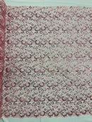 Metallic Floral Lace Fabric - Pink - Embroidered Sequins Floral Design Sold By Yard