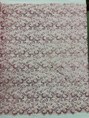 Metallic Floral Lace Fabric - Pink - Embroidered Sequins Floral Design Sold By Yard