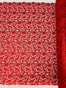 Metallic Floral Lace Fabric - Red - Embroidered Sequins Floral Design Sold By Yard