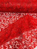Metallic Floral Lace Fabric - Red - Embroidered Sequins Floral Design Sold By Yard