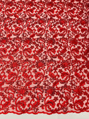 Metallic Floral Lace Fabric - Red - Embroidered Sequins Floral Design Sold By Yard