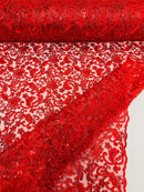 Metallic Floral Lace Fabric - Red - Embroidered Sequins Floral Design Sold By Yard