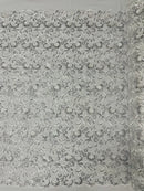Metallic Floral Lace Fabric - Silver - Embroidered Sequins Floral Design Sold By Yard