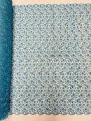 Metallic Floral Lace Fabric - Turquoise - Embroidered  Flower Design on Lace Mesh Fabric By Yard
