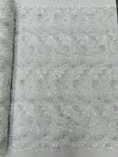 Floral Plant Cluster Fabric - White / Silver - Embroidered High Quality Lace Fabric Sold by Yard