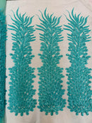 3D Beaded Peacock Feathers - Vegas Design Embroidered Sequins and Beads On a Mesh Lace Fabric - 15 Yard Roll
