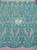 Heart Damask Sequins - Mint - 4 Way Stretch Elegant Shiny Net Sequins Fabric By Yard