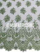 Round Flower Beaded Fabric - Mint - Embroidered Fashion Design Beads and Sequins On Mesh by The Yard