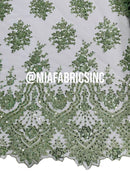 Round Flower Beaded Fabric - Mint - Embroidered Fashion Design Beads and Sequins On Mesh by The Yard