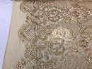 Sequins - Gold - 4 Way Stretch Fancy Fabric Embroidered On Mesh Sold By The Yard