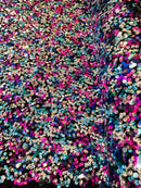 Multi-Color Sequins Mesh - Fuchsia/Turquoise/Silver - Shiny Sequins Design on Spandex Mesh Fabric By Yard