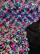 Multi-Color Sequins Mesh - Fuchsia/Turquoise/Silver - Shiny Sequins Design on Spandex Mesh Fabric By Yard