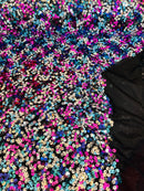 Multi-Color Sequins Mesh - Fuchsia/Turquoise/Silver - Shiny Sequins Design on Spandex Mesh Fabric By Yard