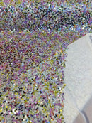 Multi-Color Sequins Mesh - Pink / Gold / Silver - Shiny Sequins Design on Spandex Mesh Fabric By Yard