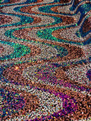 Multi-Color Wavy Sequins - Multi-Color Green/Orange/Pink/White - Sequins Design on Black Mesh Fabric Sold By Yard