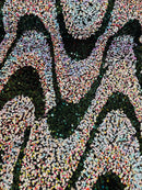 Multi-Color Wavy Sequins - Multi-Color Iridescent / Hunter Green - Sequins Design on Black Mesh Fabric Sold By Yard