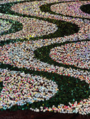Multi-Color Wavy Sequins - Multi-Color Iridescent / Hunter Green - Sequins Design on Black Mesh Fabric Sold By Yard