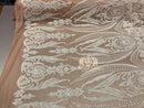 Big Damask Sequins Fabric - White on Nude - 4 Way Stretch Damask Sequins Design Fabric By Yard