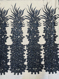 3D Beaded Peacock Feathers - Vegas Design Embroidered Sequins and Beads On a Mesh Lace Fabric - 15 Yard Roll