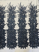 3D Beaded Peacock Feathers - Vegas Design Embroidered Sequins and Beads On a Mesh Lace Fabric - 15 Yard Roll