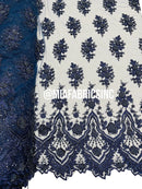 Round Flower Beaded Fabric - Navy Blue - Embroidered Fashion Design Beads and Sequins On Mesh by The Yard