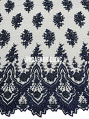 Round Flower Beaded Fabric - Navy Blue - Embroidered Fashion Design Beads and Sequins On Mesh by The Yard