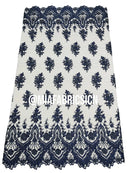 Round Flower Beaded Fabric - Navy Blue - Embroidered Fashion Design Beads and Sequins On Mesh by The Yard