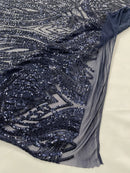 Long Wavy Pattern Sequins - Navy Blue - 4 Way Stretch Sequins Fabric Line Design By Yard