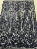 Long Wavy Pattern Sequins - Navy Blue - 4 Way Stretch Sequins Fabric Line Design By Yard