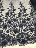 3D Pearl Floral Fabric - Floral Design Embroidered on Mesh Lace Fabric - 25 Yard Roll