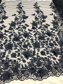 3D Pearl Floral Fabric - Floral Design Embroidered on Mesh Lace Fabric - 25 Yard Roll