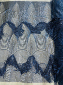 Fringe Sequins Fabric - Navy Blue - 2 Way Stretch Glamorous Fringe Design on Mesh By Yard