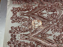 Big Damask Sequins Fabric - Rose Gold - 4 Way Stretch Damask Sequins Design Fabric By Yard