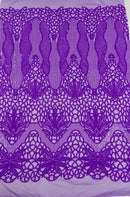 Elegant Floral Leaf Design - Neon Lilac - 4 Way Stretch Sequins Lace Spandex Fabric By Yard