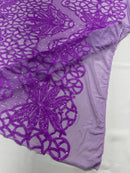 Elegant Floral Leaf Design - Neon Lilac - 4 Way Stretch Sequins Lace Spandex Fabric By Yard
