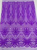 Elegant Floral Leaf Design - Neon Lilac - 4 Way Stretch Sequins Lace Spandex Fabric By Yard