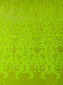 Damask Line Pattern - Neon Lime Green - 4 Way Stretch Damask Sequins Line Fabric Sold By Yard