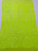 Long Wavy Pattern Sequins - Neon Lime Green - 4 Way Stretch Sequins Fabric Line Design By Yard