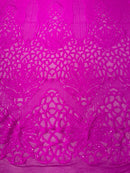 Elegant Floral Leaf Design - Neon Magenta - 4 Way Stretch Sequins Lace Spandex Fabric By Yard