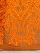 Big Damask Sequins Fabric - Orange - 4 Way Stretch Damask Sequins Design Fabric By Yard