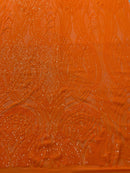 Long Wavy Pattern Sequins - Neon Orange - 4 Way Stretch Sequins Fabric Line Design By Yard