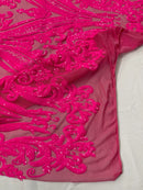 Big Damask Sequins Fabric - Neon Pink - 4 Way Stretch Damask Sequins Design Fabric By Yard
