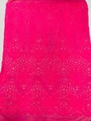 Elegant Floral Leaf Design - Neon Pink - 4 Way Stretch Sequins Lace Spandex Fabric By Yard