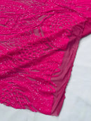 Long Wavy Pattern Sequins - Neon Pink - 4 Way Stretch Sequins Fabric Line Design By Yard