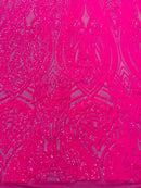 Long Wavy Pattern Sequins - Neon Pink - 4 Way Stretch Sequins Fabric Line Design By Yard
