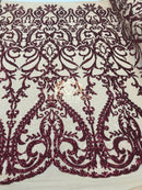 Two Tone Sequins - Burgundy / Nude - 4 Way Stretch Fancy Design Mesh Fabric Sold By The Yard
