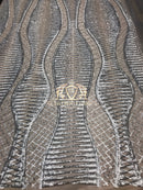 4 Way Stretch - Silver  - Horizontal Line Design Sequins On Stretch Mesh By The Yard