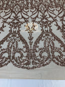 4 Way Stretch - Rose Gold - Sequins Damask Design Fabric Embroidered On Mesh Sold By The Yard