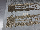 4 Way Stretch - White and Gold - Two Tone Flower Design Sequins On Stretch Mesh By The Yard