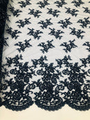 Navy Blue Beaded Bridal Lace, Sold By The Yard Embroidered Floral Wedding Beaded Fabric with Sequin